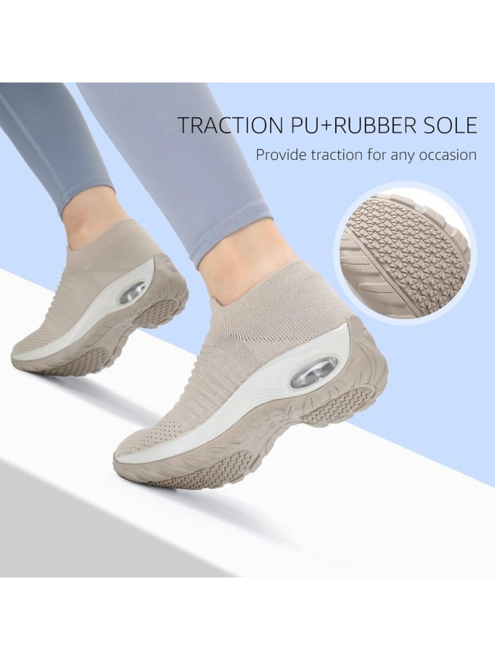 Women's Light Taupe Arch Support Non Slip Breathable Knit Upper Sneaker Shoes - Picture 4 of 6